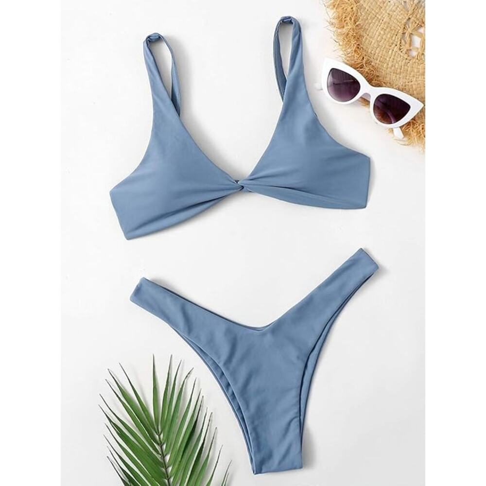 Small Slate Blue, Twist Front, High Cut Thong Bikini